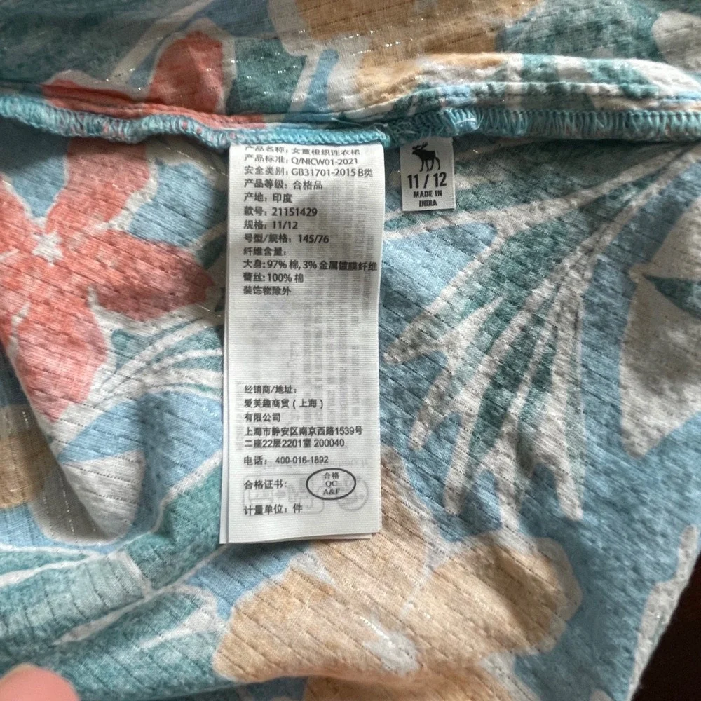Abercrombie Kids Girls Blue Tropical Floral Metallic Lurex Lace Trim Dress 11/12